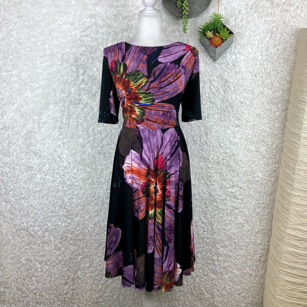 Marc Bouwer Black Dress with Purple & Multicolor Floral Print